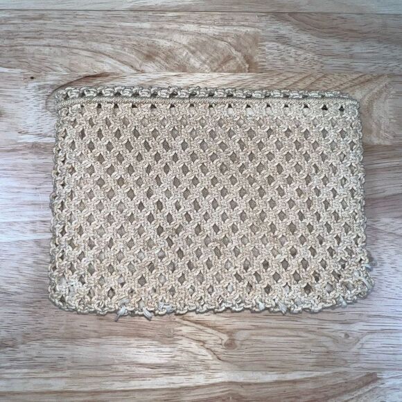 Macrame Crochet Clutch Mini Bag in Natural Beige Fold over Flap, Zip Top Closure - Picture 7 of 11
